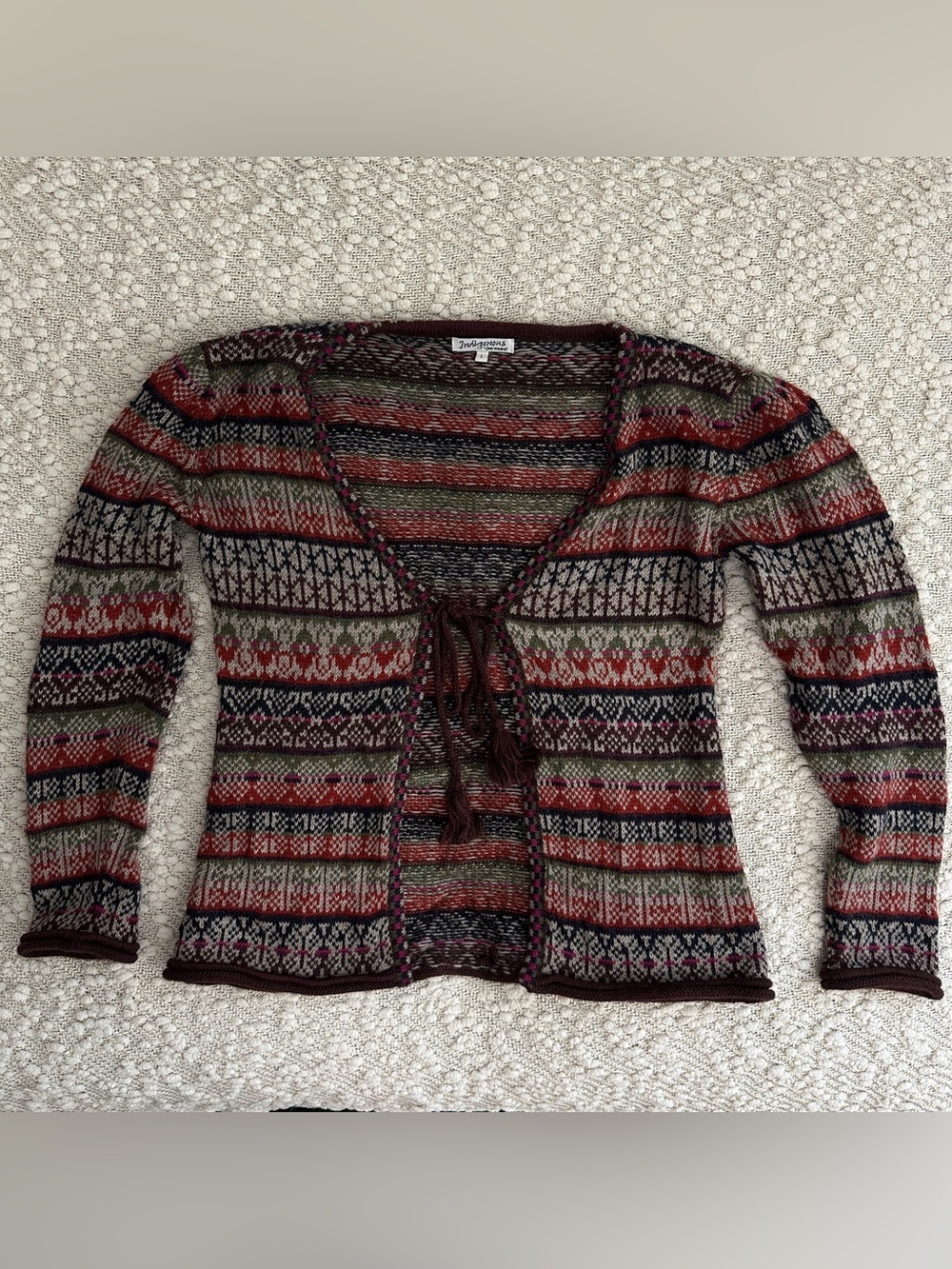 Indigenous Alpaca Wool Tie Front Cardigan Sweater Women L Fair Isle Knit Peru